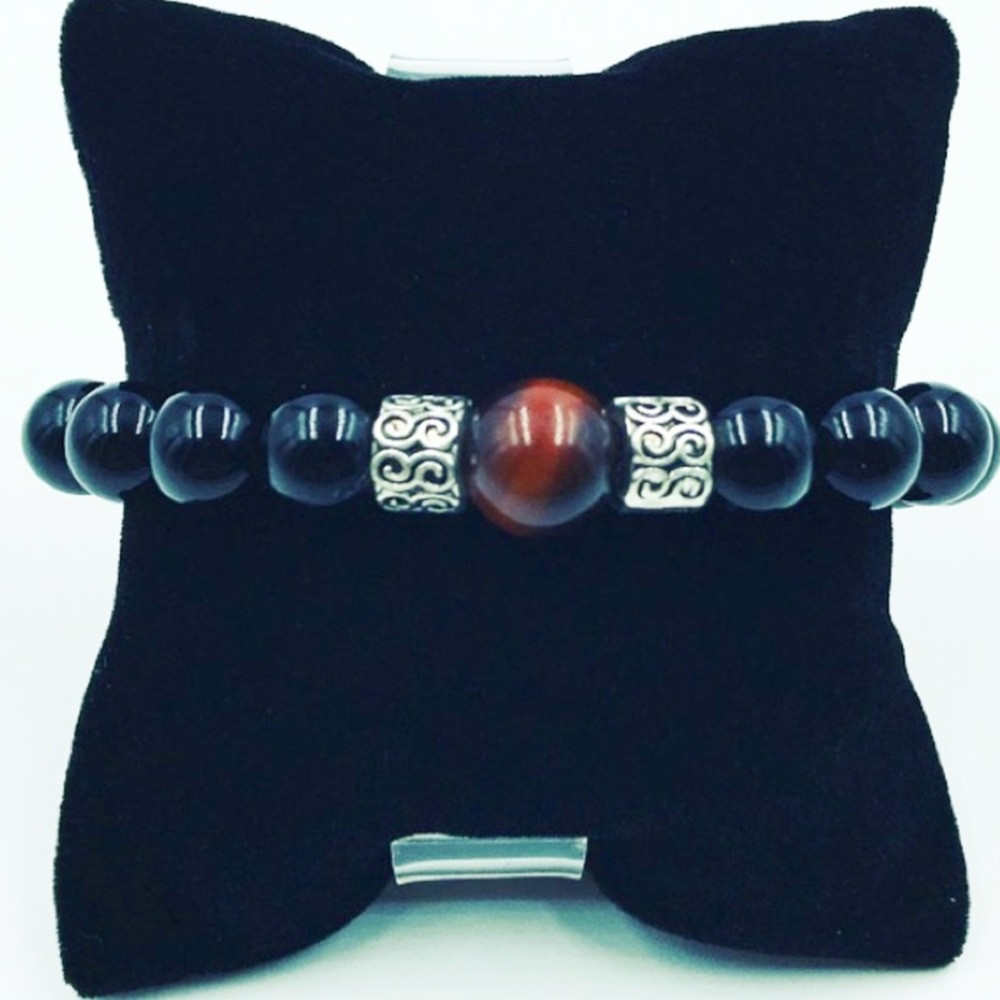 Men or women 10mm onyx & red tiger eye bracelet